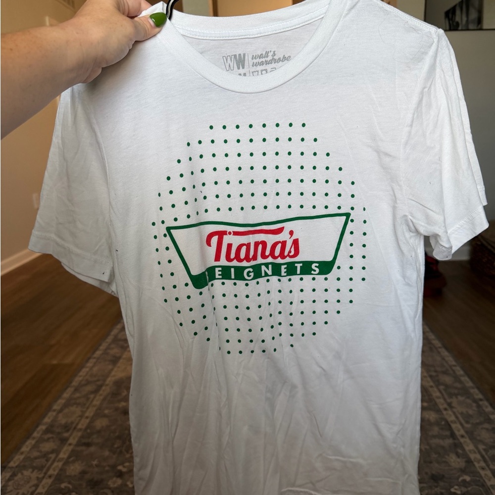 Tiana’s Beignets - Krispy Kreme Themed White T-Shirt with Green and‎ Red Graphic